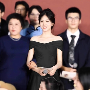 Black Off-Shoulder Evening Gown Empire Waist A-Line Simple Style For Coming Of Age Ceremony Petite Women - Product Image 4