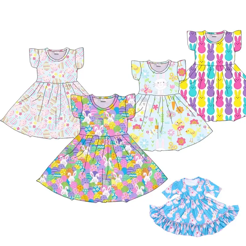 Fuyu abbigliamento per bambini buona pasqua simpatico coniglietto e fiori stampa abito ragazze Boutique abiti a spirale pasquali