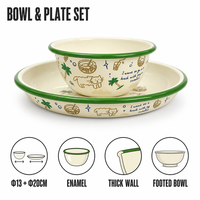 Ensemble bol et assiette à pieds en émail Senny Ivory Summer Cat, bol 13 cm, assiette à parois épaisses 20 cm, bord vert, vente en gros
