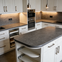 Meubles de cuisine modernes en bois naturel avec armoires supérieures en verre rétroéclairé, îlot en marbre et tiroirs à fermeture douce