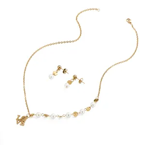 Da donna in acciaio inossidabile a strati in oro 18k perla love love collana bracciale e orecchini Set per regalo