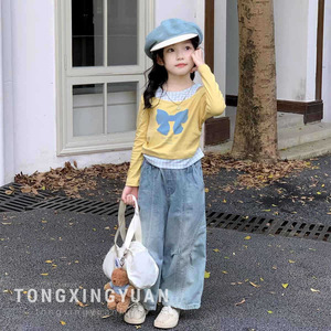 Tongxingyuan Girls' Faux Two-Piece <b>Bow</b> Off-Shoulder Top Cotton Poplin Spring Autumn Children's T-Shirt - Product Image 1
