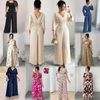 Combinaison élégante pour femmes à manches courtes et col carré, taille plus, devant smocké, pantalon large avec poches, tenue quotidienne d'été