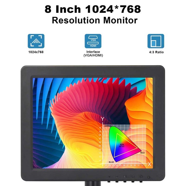 8 Inch 1024x768 HD LCD Monitor, Full Interface Display for Industrial, Desktop Use, CCTV & PC