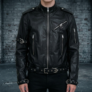 Blouson Moto Hiver Homme en Cuir Véritable Respirant avec Doublure en Laine, Col Montant, Fermeture Éclair, Ceinture et Épaulettes Décoratives sur le Devant - Product Image 4