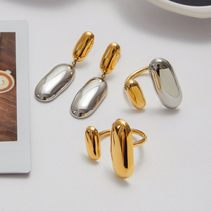 Geometric Stainless Steel Ring And Earrings Set For Women Party Jewelry Oval <b>Shape</b> Color <b>Blocked</b> Fashion Jewelry - Product Image 2