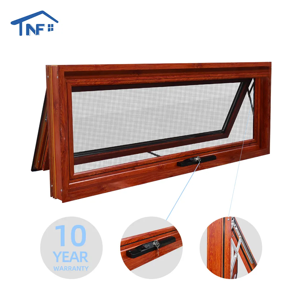 Brown Wood Clad Aluminum Frame Awning Window Double Tempered Glass Hollow Design Top Hung Windows