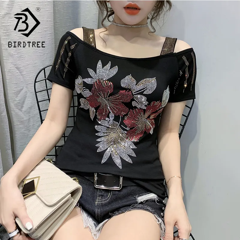 Camiseta Coreana de moda para mujer, Tops de algodón con diamantes ahuecados, camisetas de manga corta que combinan con todo, novedad de verano de 2021, T17126