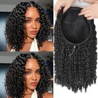 Perruque mi-tête naturelle noire brésilienne bouclée avec torsades, en cheveux humains, sans colle, installation facile, ajustement sûr pour femmes noires