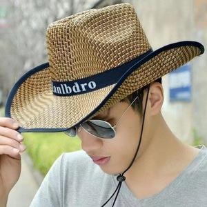 Colorido impreso ala grande trenzado verano sombrero <span class=keywords><strong>de</strong></span> paja cordón Papyrus Panamá sombrero <span class=keywords><strong>de</strong></span> vaquero occidental para hombres pesca viaje Casual - Product Image 2