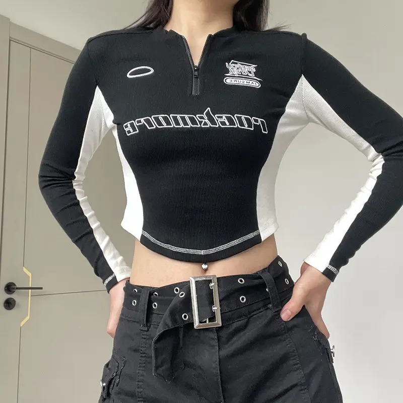Mechanische Stijl Hot Girl Grafische Print Stiksel Lange Mouw Y 2K T-Shirt Slim-Fit Mode Top Vrouwen