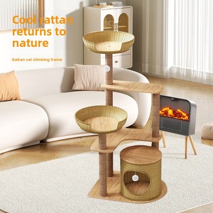 Arbre à <span class=keywords><strong>chat</strong></span> moderne en rotin avec poteau à gratter en sisal, <span class=keywords><strong>appartement</strong></span> multi-niveaux pour chats d'intérieur avec balles suspendues - Product Image 1