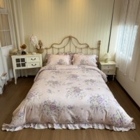 Parure de lit style pastoral à fleurs violettes, 3 pièces, housse de couette à volants, couvre-lit doux en pur coton pour chambre de filles