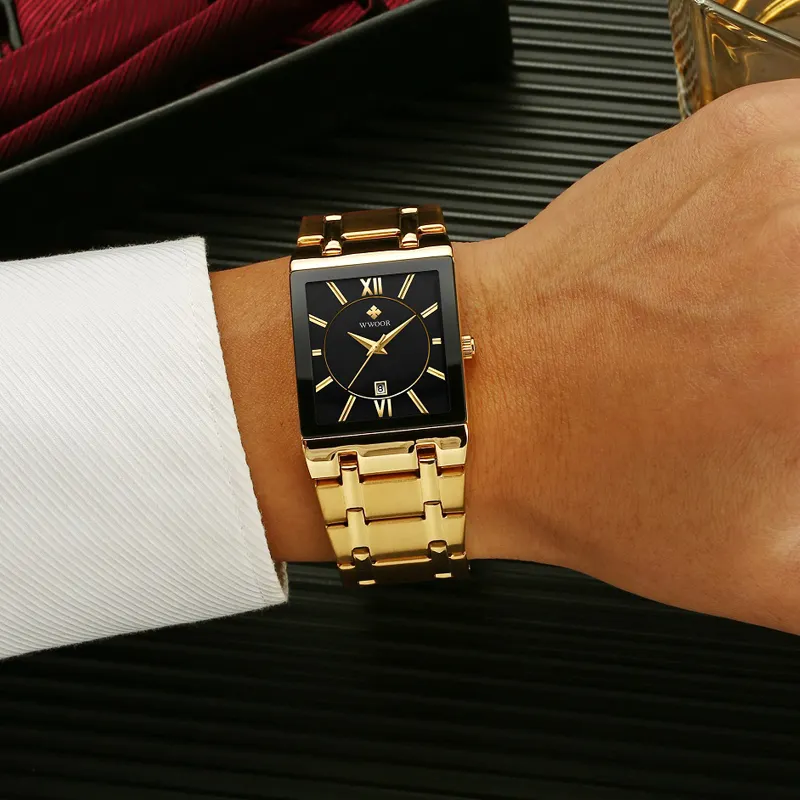 WWOOR 8858 Men Gold Watch Quartz Stainless Steel Waterproof Wristwatches Business Men Square Sport Watch High Quality