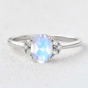 Cincin Pernikahan permata bulan pelangi potongan Oval 1ct minimalis cincin perak murni simulasi Cz berlian Solitaire