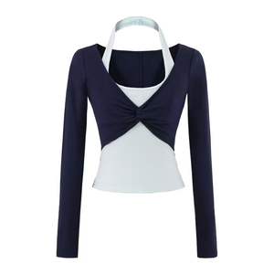 Deux t-shirts à manches longues en patchwork torsadé pour femmes, automne, col clavicule apparent, style décontracté - Product Image 4