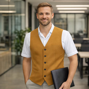 Customized Men's <strong>Mustard</strong> Yellow Formal Suit Vest, 5-Button V-Neck <strong>Waistcoat</strong> with Pockets, Business &amp; Wedding Wear Casual - Product Image 3