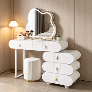 Ensemble de coiffeuse moderne blanc avec miroir LED et tabouret rayé pour chambre à coucher - Product Image 4