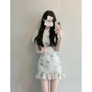 Modern Chinese Style Cheongsam Dress Blue Flower Floral Print Mandarin Collar Tight Waist Daily Wear Casual Dress - Product Image 3