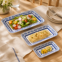 Ensemble d'assiettes rectangulaires en céramique bleu et blanc personnalisées avec motif floral citronné, plat de service en céramique, fournisseur en gros OEM ODM