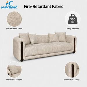 Sofá Nórdico Minimalista de 3 Plazas, Tapizado en Tela Texturizada Beige, Sofá de Perfil Bajo con Cojines, Detalles en Madera, Muebles para Sala de Estar - Product Image 4