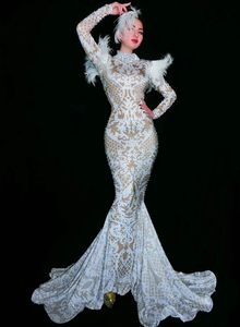 Elegante weiße Spitze drucken Strass Meerjungfrau Hochzeits feier Kleid Frauen Sänger Bühnen kostüme Plus Size formelle Abend <span class=keywords><strong>Prom</strong></span> Kleid - Product Image 3