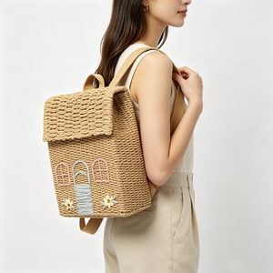 Mini Mochila de Paja para Mujeres, Niñas y Estudiantes con Diseño de Casa Bordada y Forro de Poliéster Tejido - Product Image 2