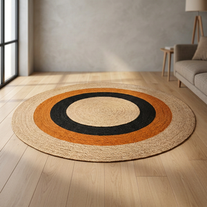 <b>Round</b> Geometric <b>Jute</b> Area <b>Rug</b> Machine Made Flat Pile Eco Friendly Modern Living Room Non-Slip Natural Orange Black Beige Made BD - Product Image 1