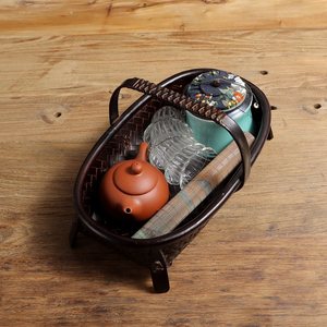 Lacquered <b>bamboo</b> woven portable tea set storage <b>basket</b>, retro Chinese style <b>bamboo</b> small <b>basket</b>, picnic <b>basket</b>, factory direct - Product Image 3