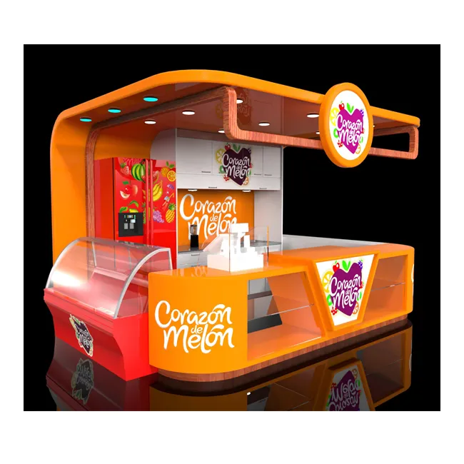 orange color fast food kiosk with service desk and chair