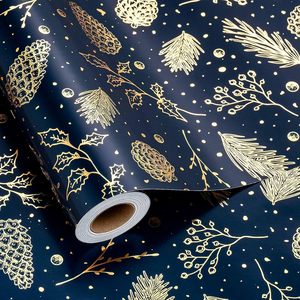 Homeral Christmas Wrapping Paper 17in x 32.8ft Navy Blue Gold Pine Cone Metallic Shine Gift Craft Recyclable - Product Image 1