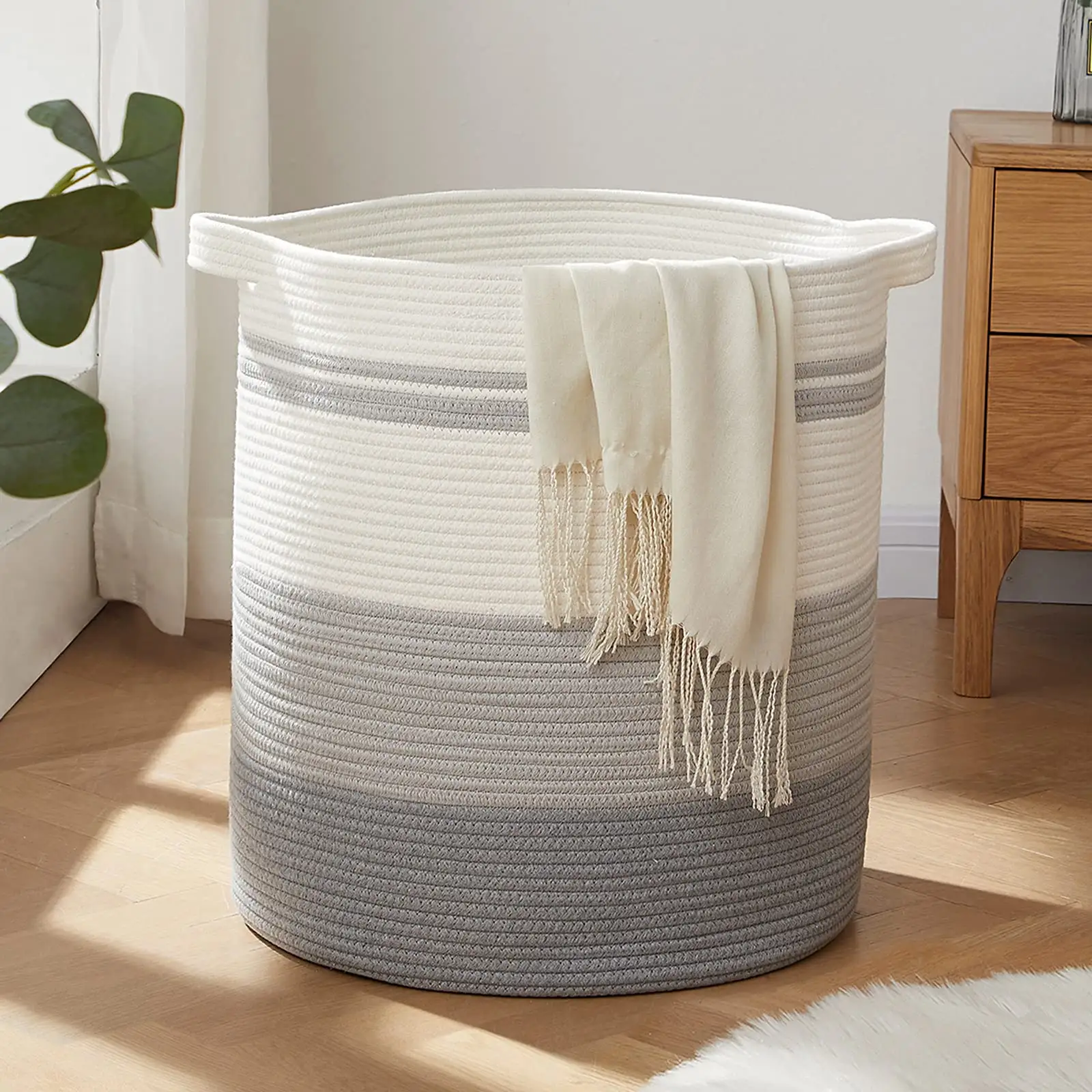 Vente en gros 3 tons gris clair panier décoratif en corde de coton tissé panier à linge paniers de rangement poubelle pour bébé et chien jouet