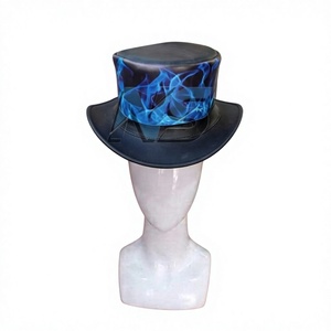 Chapeau de cowboy en cuir bleu flamme, style tophat formel, style rock, fait main, imprimé graphique, bord cousu, unisexe, pour fêtes, toutes saisons - Product Image 1