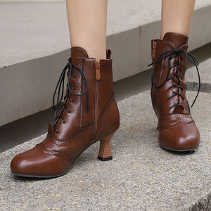 2026New Classic <b>Brown</b> PU <b>Brogue</b> Cutout Lace Up Side Zip Elegant Ankle Boots <b>Women</b> Shoes For Weekend Leisure Trips fashion shoes - Product Image 1