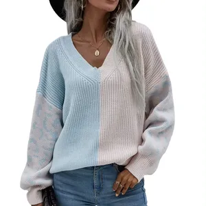 卸売女性ルーズニットセータープルオーバーホットセールVネックヒョウカラーブロッキングセーター女性用