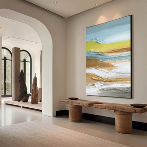 Pintura al óleo texturizada de paisaje fluvial abstracto estilo Wabi Sabi sobre lienzo con marco, arte contemporáneo para decoración de interiores. - Product Image 3