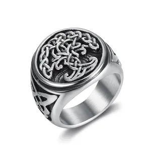 定制新款创意维京珠宝护身符戒指北欧珠宝经典男士不锈钢生命之树图章戒指