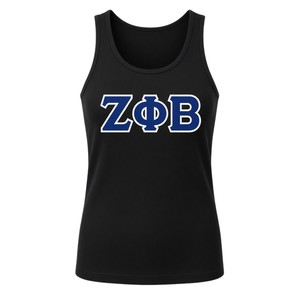 Débardeur Zeta Phi Beta pour femme, noir côtelé, dos nageur, avec applique lettre grecque en sergé bleu roi ZOB, sans manches, ajusté, pour sororité - Product Image 3