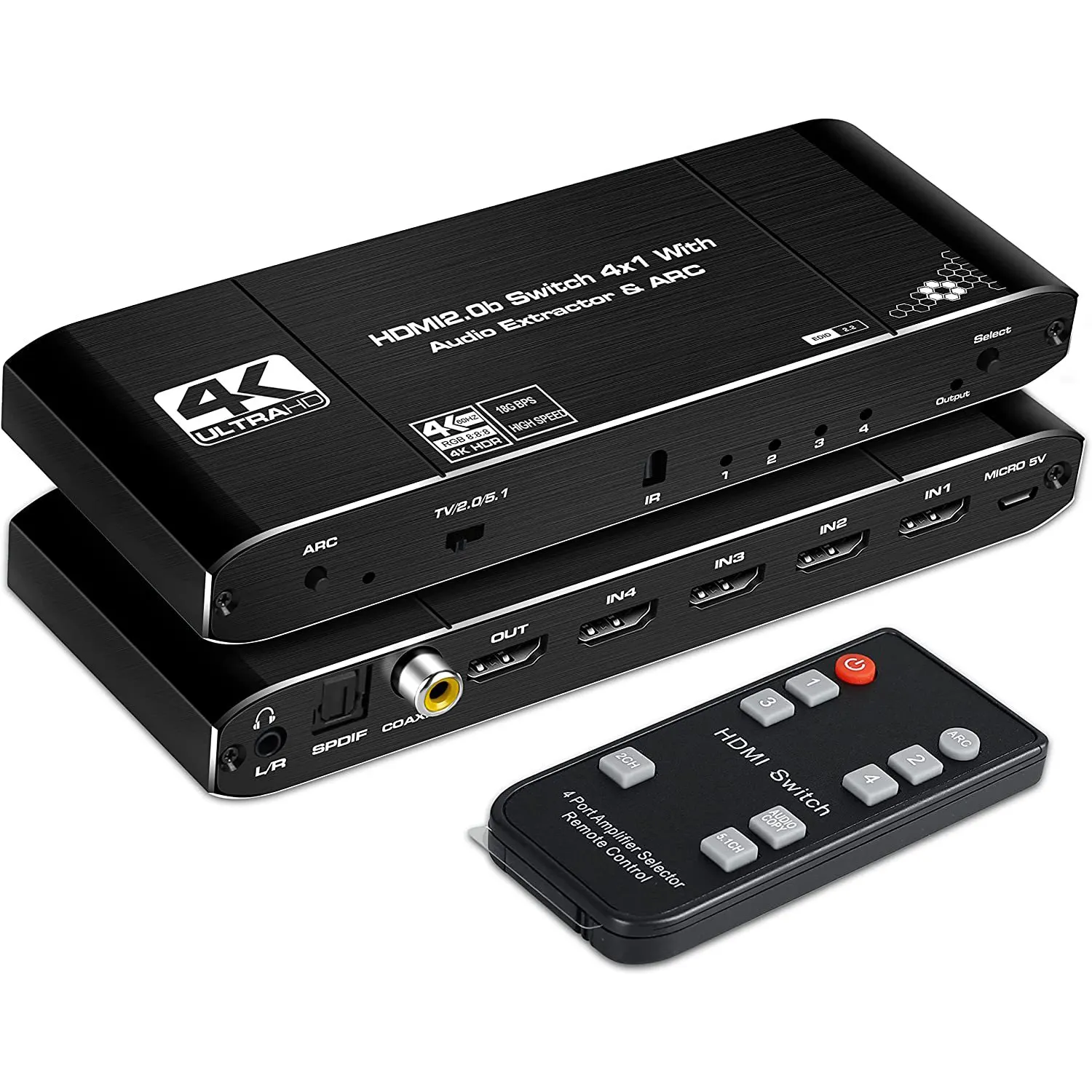 4K HDMI Switch Audio Output 4-port HDMI Switcher 2.0b 4x1 with ARC Coaxial Toslink 3.5mm with IR Remote Control Hdmi switch