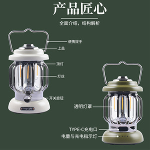 Vintage Lights Camping <b>Lantern</b> <b>Rechargeable</b> <b>LED</b> Warm White Plastic Outdoor Lighting - Product Image 3