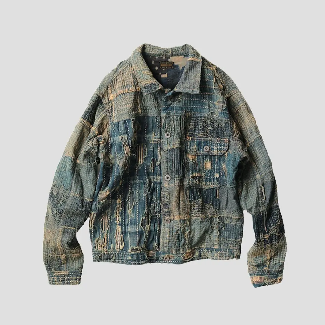 AeeDenim Vintage Distressed Washed Do Old Heavy Jacket avec décoration multi-poches Denim