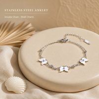 Chaîne de cheville double couche en acier inoxydable 304 plaqué or avec pendentif fleur de coquillage pour femme