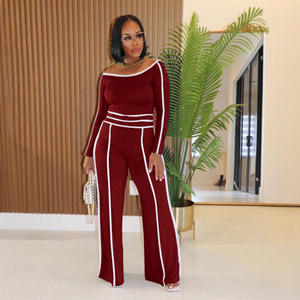 Conjunto de Pantalones Anchos de Cintura Alta y Top de Hombros Descubiertos para Mujer, Estilo Casual, en Algodón Elástico con Detalles en Contraste - Product Image 3