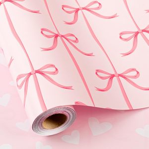 Burymento Pink Bow Wrapping Paper 17 In X 32.8 Ft Reversible Art Paper For Baby Shower Birthday Valentines Mothers Day - Product Image 1