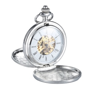 <span class=keywords><strong>Montre</strong></span> de poche mécanique 2023 avec boîtier double Hunter lisse argenté, cadran squelette Steampunk et chaîne, personnalisable - Product Image 1