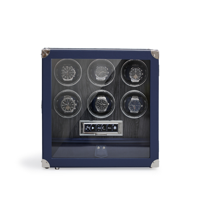 Luxury Blue Led Leather Automatic Watch Winder with Six Winders Fingerprint Lock Vault and Drawer in Watch Winder Box