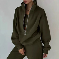 Ensemble de survêtement deux pièces pour femme, grande taille, hiver, avec logo personnalisé, demi-zip, sweat à capuche et pantalon long, tenue de sport décontractée