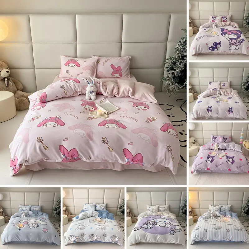 Set tempat tidur beludru susu Sanrio baru Cinnamoroll My Melody Kuromi tebal musim dingin flanel hangat King Queen sprei penutup tempat tidur