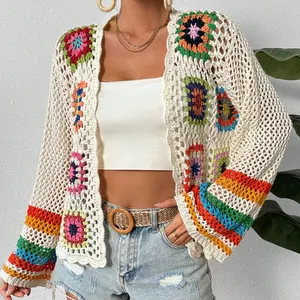 Custom Crochet Cardigan Colorful Braided Hollow Out Spring Sunscreen Loose Long-Sleeved Open Cardigan
