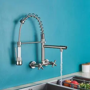 Modern Dual Spout Pull Spray Head Brass Kitchen Faucet Wall Mounted Black Double Handle Hot Cold Multi-Functional Faucet